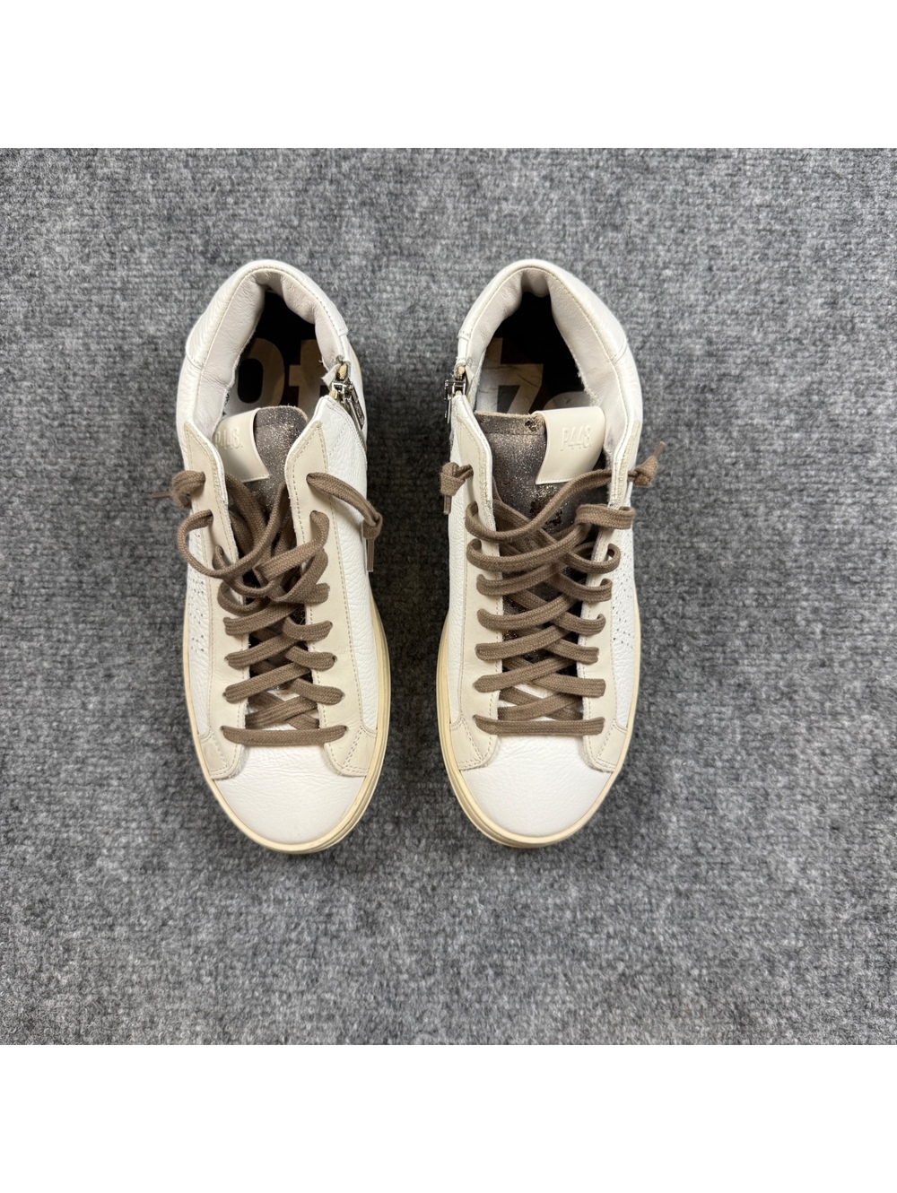 P448 White Leather High-Top Sneakers with Brown Laces